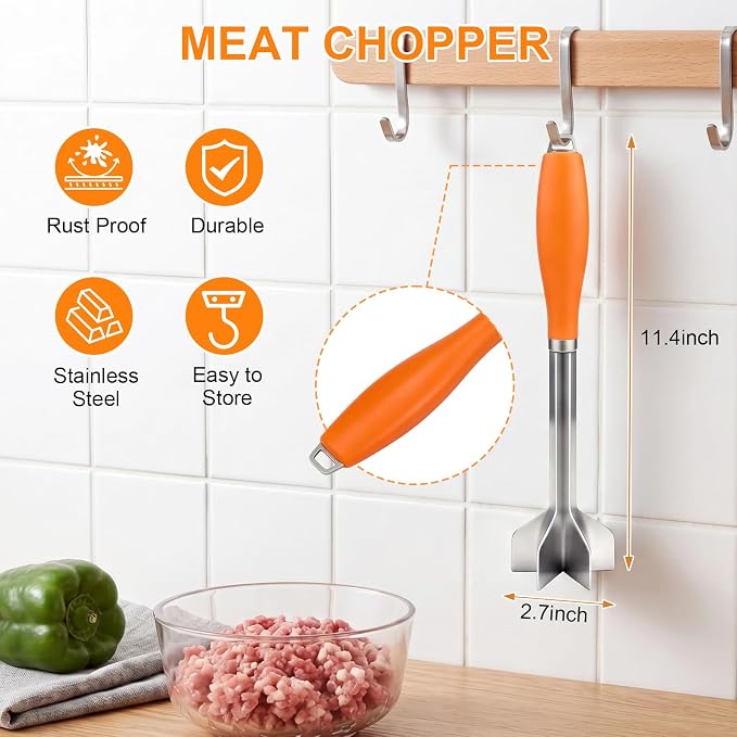 Stainless Steel Meat Chopper Masher, 6 Blade Ground with Plastic Handle | 11.4 Inch Potato fruits Masher and tenderizes meat Hamburger Smasher, Mix and Chop Kitchen Tool for Taco Meat