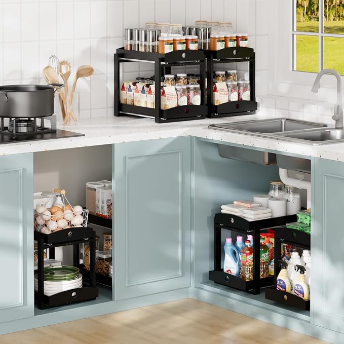 2 Pack Bamboo Under Sink Organizer, 2-Tier Pull-Out Drawers, Kitchen & Bath | Pull-out drawers keep cleaners and tall bottles visible, organized and easy to reach in kitchen or bathroom cabinets