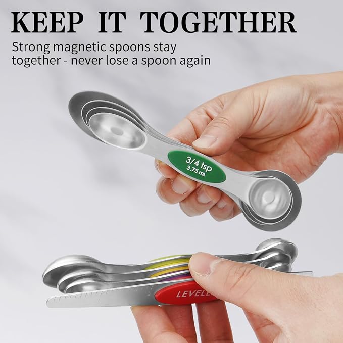 Magnetic Measuring Spoons Set of 8 with Leveler Stainless Steel Dual Sided Teaspoon and Tablespoon Stackable Fits in Most Kitchen Spice Jar(Color）