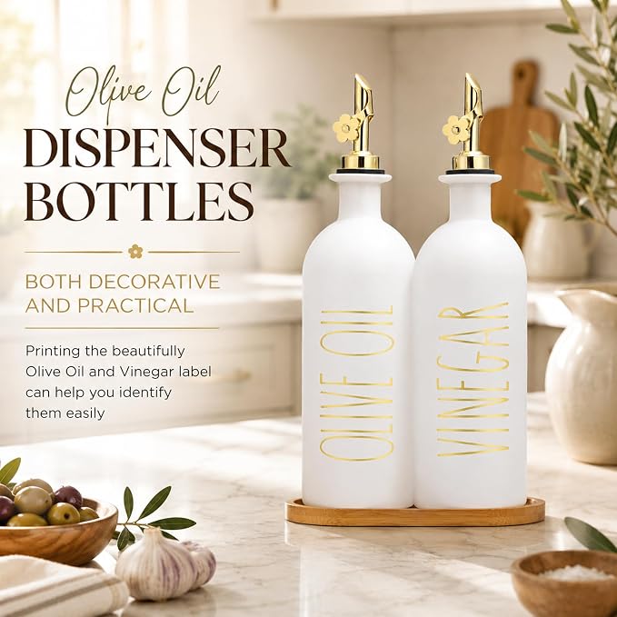 HOMCDALY 16oz Olive Oil Dispenser Bottles for Kitchen, Gold Oil&Vinegar Dispenser Set, Glass Oil Dispenser for Kitchen with Bamboo Tray | Set of 2 (16oz-P-Gold)