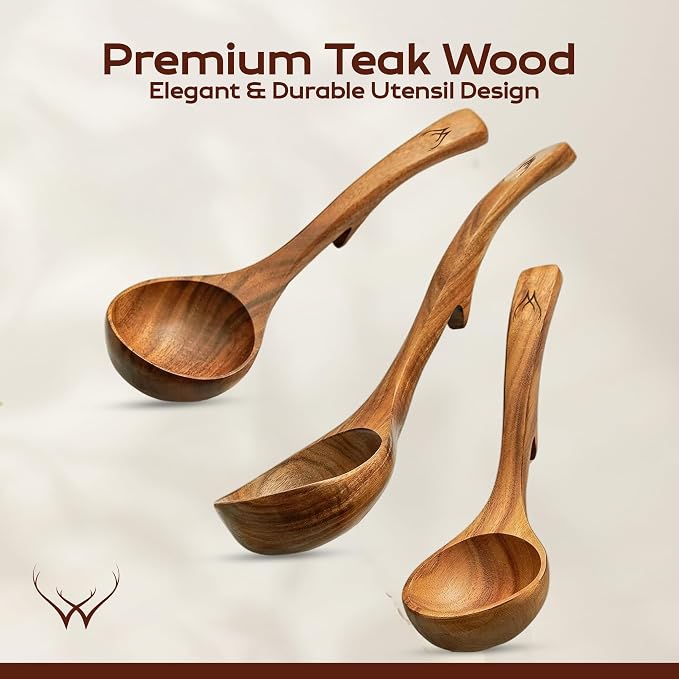 4Pcs Wooden Ladle Set – Teak Wood Soup Spoons with Hook Handles for Cooking, Serving, Stirring – Non-Stick Wooden Spoons for Pot & Bowl Use