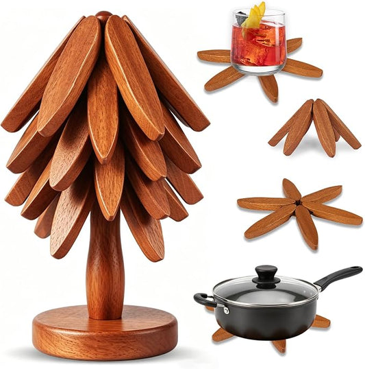 Wood Foldable Tree Trivets for Hot Dishes/Pot/Bowl/Teapot/Hot Pot Holders, Gifts for Family/Friends, Cute and Practical Kitchen Decorations(Smooth- 4Pcs)