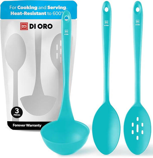 DI ORO Silicone Ladle & Spoons for Cooking – Large Kitchen Spoons for Mixing, Serving, & Stirring - Soup Ladle with Wide Bowl - High Heat Silicone Kitchen Utensils for Nonstick Cookware Safe (Teal)