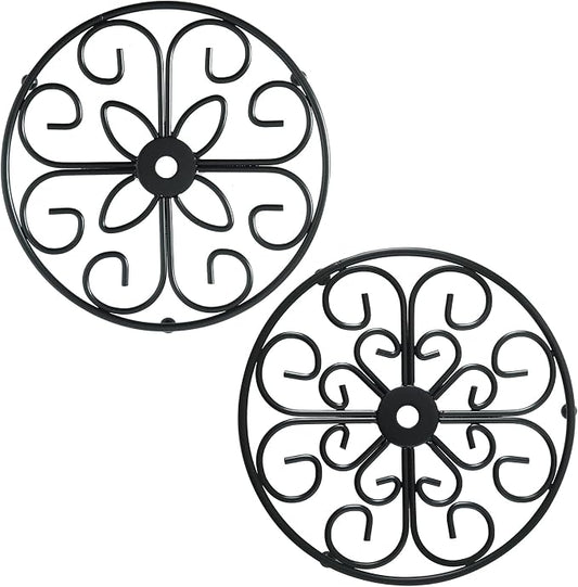 Iron Heart Trivets - Set of 2, 8 Inch Round, Black Heat-Resistant Iron Dish Plate Pot Pads for Kitchen and Dining Countertop Protection, Metal Plant Holder for Desktop Potted Plant、Small Green Plants