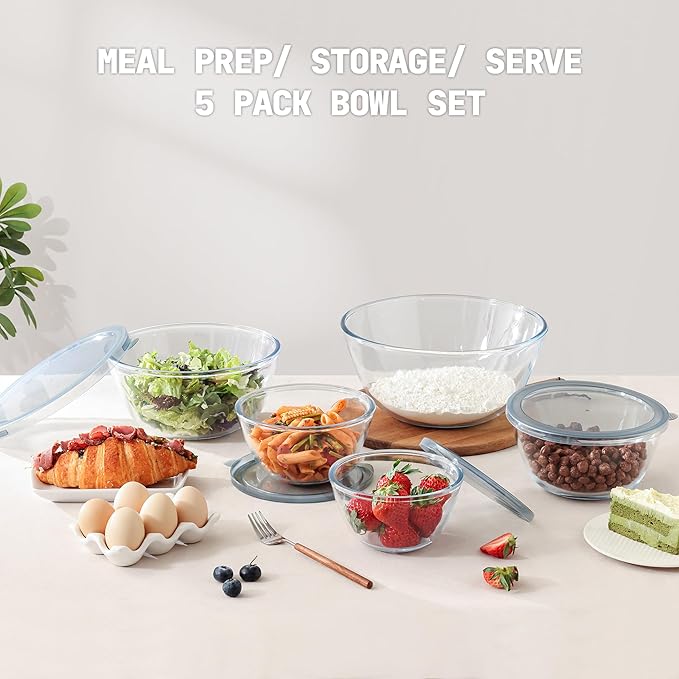 Cuiselect 5pc Glass Mixing Bowls with Lids Set (4.65QT, 2.80QT, 1.64QT, 1.16QT, 0.85QT), Nesting Salad Bowl, Large Glass Mixing Bowl for Cooking, Baking, Prepping-Dishwasher Microwave Freezer Safe