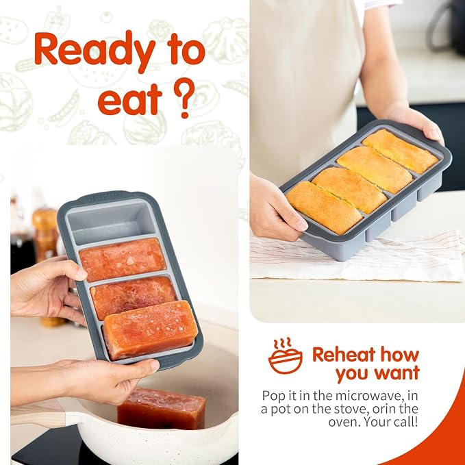 Extra Large Silicone Cube Freezing Trays with Lid - 1 Cup Portions, Makes Four Great Soup, Broth, Sauce or Butter Trays - 2 Pack, Grey