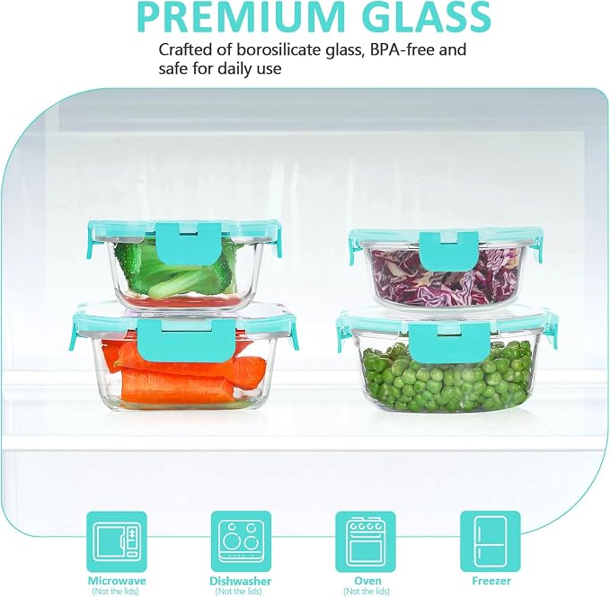 24 Pieces Glass Food Storage Containers Set, Green | Meal Prep Containers, BPA-Free, Airtight Glass Storage Containers with lids, Freezer, Microwave and Oven Safe