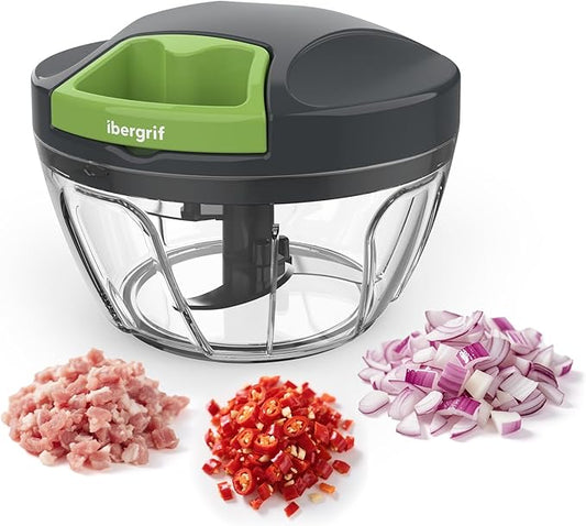 Ibergrif Manual Food Processor Vegetable Chopper, Portable Onion Chopper Garlic Mincer with Hand Pull String Cutter for for Veggies, Ginger, Fruits, Nuts, Herbs, 500ml, for Kitchen, Camping, RV, M501
