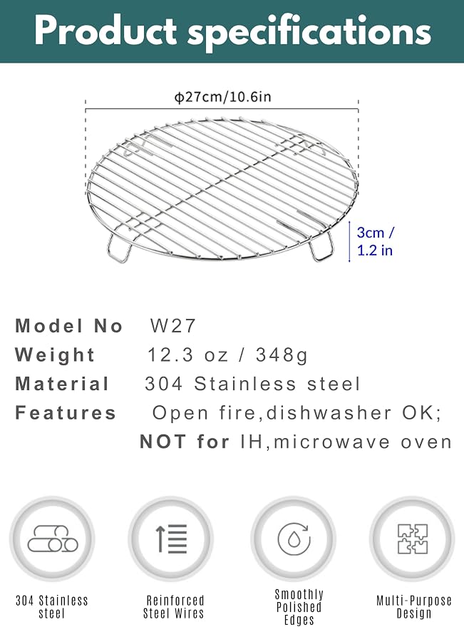 CAMPINGMOON 10.6 Inch Round Cooling Rack 304 Stainless Steel Steamer W27 | 10.6 Inch Diameter Creates Ample Space for Cooling Steaming and Draining