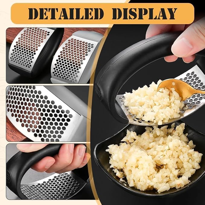 Garlic Press Stainless Steel, Manual Garlic Mincer & Crusher with Garlic Peeler Tube, Easy to Clean Dishwasher Safe Kitchen Tool for Garlic & Ginger (2)