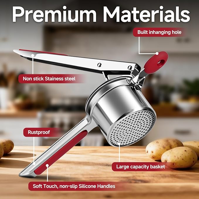 Potato Ricer for Mashed Potatoes-Stainless Steel 15oz | Large Capacity,All Clad,Heavy Duty,Ergonomic Handle for Spaetzle,Oranges, Lemons, Pumpkins, Carrots, Avocados(RED)