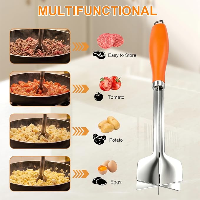 Stainless Steel Meat Chopper Masher, 6 Blade Ground with Plastic Handle | 11.4 Inch Potato fruits Masher and tenderizes meat Hamburger Smasher, Mix and Chop Kitchen Tool for Taco Meat