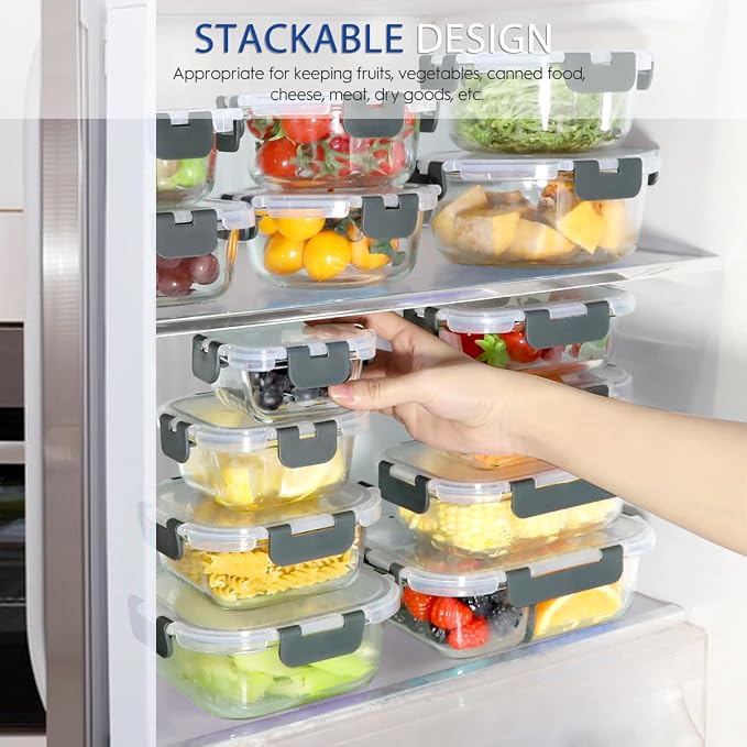 AMALEKO 42pcs Glass Food Storage Containers with Lids Set, 21 Containers & 21 Lids Glass Meal Prep Containers with Snap Locking Lid Set, Leak Proof Lunch Container BPA-Free,Grey