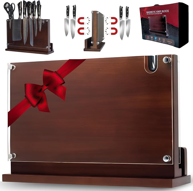 Magnetic Knife Holder 14x10 Inches Extra Large Size with Knife Sharpener Wooden Double Sided Magnetic Knife Block for Kitchen Counter with Cutting Board Slot & Acrylic safety shieldf, Sturdy & Durable