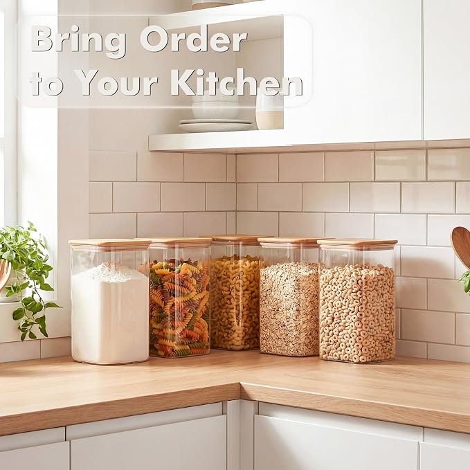 3.4Qt Large Glass Flour Cereal Storage Container with Bamboo Lid | Wide Mouth Design, With Measuring Cup, Minimalist Kitchen Organizer,Scandinavian Style Storage,Nordic Style Storage