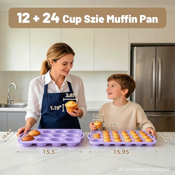 Silicone Muffin Pan Set: Non Stick 12 & 24 Silicone Muffin Pans for Baking Easy Release - Complete Shaping Each Use Avoid Re-baking - BPA-free Cupcake Tin Reinforced Frame for Oven Home Bakers