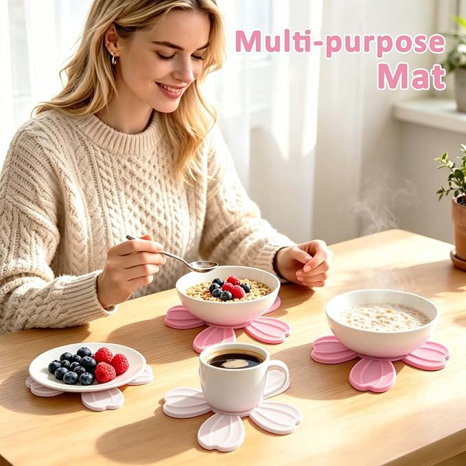 4-piece Silicone Trivet Mat - Non-Slip & Heat Resistant Kitchen Hot Pads for Table & Countertop, Multifunctional Mats can Hold Coffee, Plates, and Various Ornaments, Pink & White