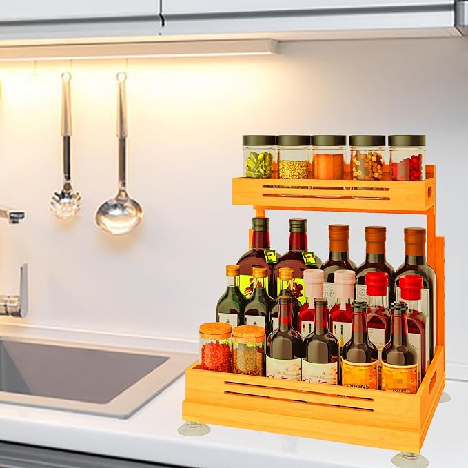 Under Sink Organizer, Premium Bamboo Wood Pull Out Cabinet Organizer, 2 Tier Slide Out Sink Shelf Cabinet Storage Shelves, Under Sink Storage for Kitchen Bathroom Cabinet
