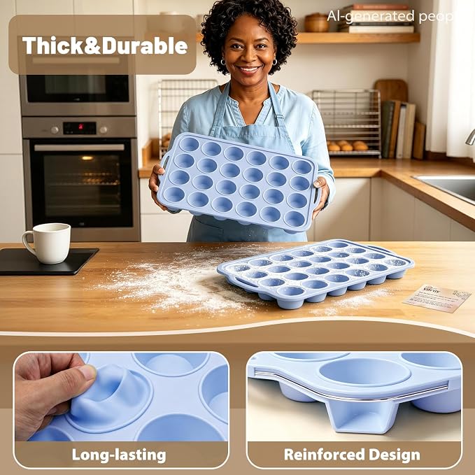 Blue Mini Silicone Cupcake Pan: 2 Pack 24 Small Cupcake Tin for Baking | Silicone Mini Cupcake Mold for Various Recipes - Trays with Metal Frame for Oven - for Home Bakers Vnray