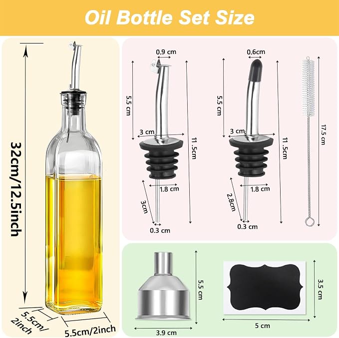 Olive Oil Dispenser Bottle, 2-Pack 500ml Glass Oil Dispenser for Kitchen with Stainless Steel Pourers - Oil and Vinegar Bottles Set Includes 2 Spouts, 4 Labels, 1 Funnel & 1 Brush