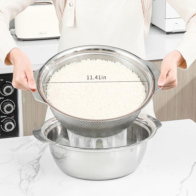 Paoli 304 Stainless Steel Fine Mesh Colander Set, 5QT Large Capacity Strainer with Mixing Bowl — Rinse Fruits, Veggies, Rice & Drain Pasta, Dishwasher Safe (2-Piece)