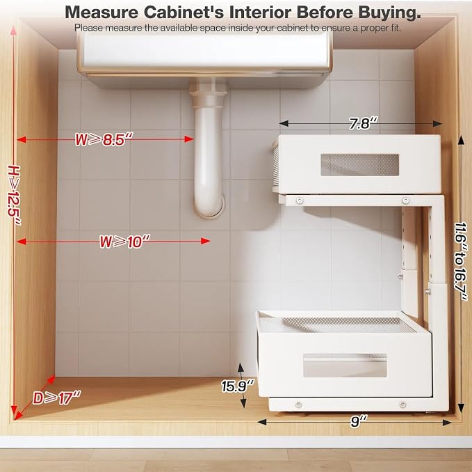 Under Sink Organizer, 2-Tier Dual Pull Out Cabinet Organizer Drawers With Smooth Circular Rail, Large Capacity Metal Mesh Sliding Shelves For Bathroom& Kitchen Storage,Height Adjustable–White,2 Packs