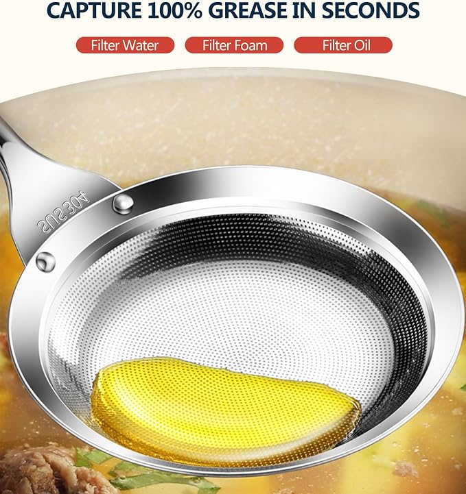 Ugotit Fine Mesh Strainer - Oil Strainer Spoon for Bacon Grease & Soup Skimming, Stainless Steel Fat Skimmer with Heat-Resistant Handle (4.3 Inch)