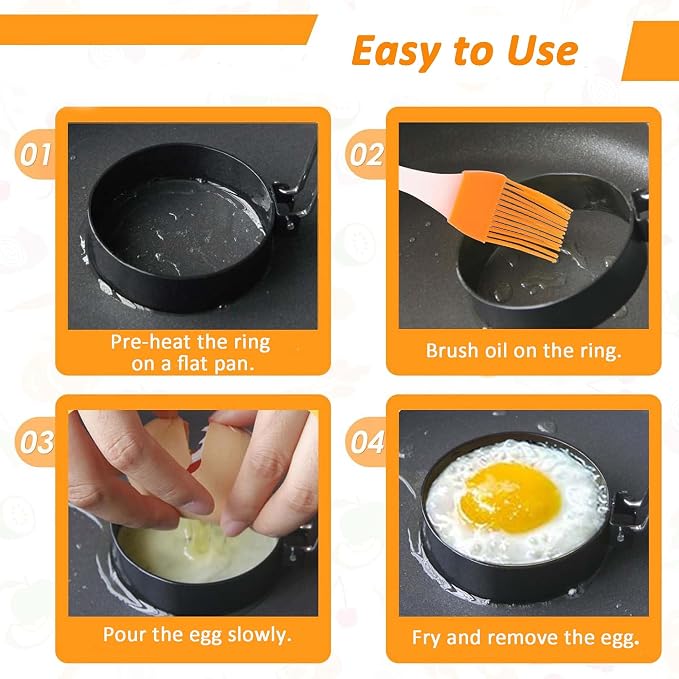 4 Pcs DelloidMaz Nonstick Stainless Steel Egg Rings of Different Shapes with 1 Oil Brush & 1 Egg Separator, Egg Molds Great for Frying and Shaping of Muffins, Pancakes, Sandwiches (4 shapes)