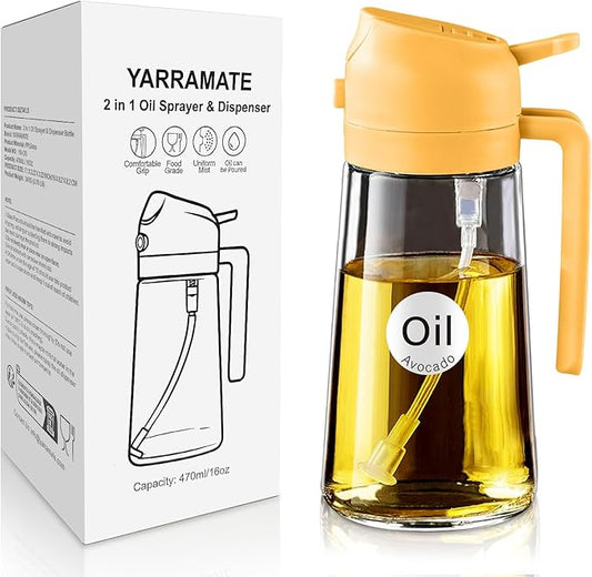 YARRAMATE 16 oz 2-in-1 Glass Olive Oil Sprayer for Cooking, Orange | Food-grade dispenser bottle, 470 ml, spray and pour, portion control, stickers included, for salad, frying and BBQ