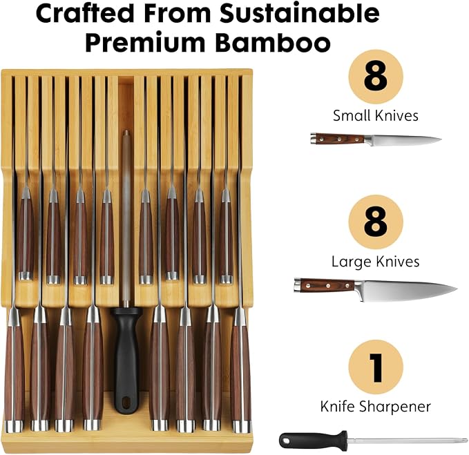 Bamboo Kitchen Drawer Knife Holder, In-drawer Knife Block, Knife Drawer Organizer fit for 16 knives and 1 steel sharpening