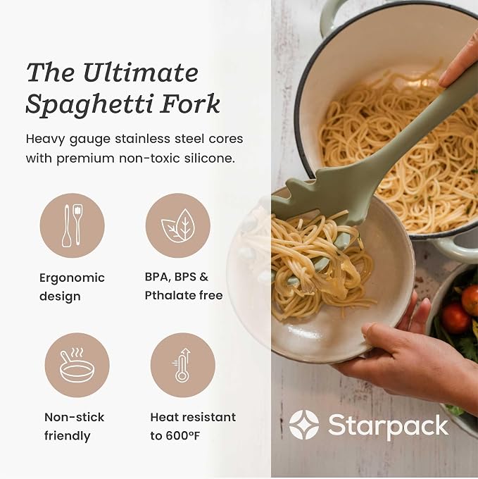 Starpack XL Premium Silicone Pasta Fork (13.5") - Spaghetti Spoon High Heat Resistant to 600°F - Silicone Pasta Spoon Strainer - Pasta Server Spoon with Teeth - Pasta Server Utensil