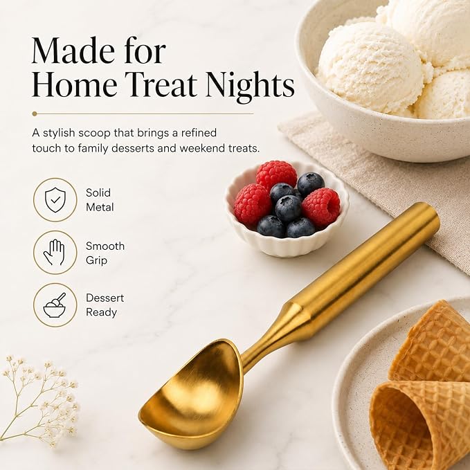 Heavy-Duty 304 Stainless Steel Ice Cream Scoop, 4.5 oz Cookies Scoop, Durable, Corrosion-Resistant & Dishwasher Safe with Ergonomic Grip for Perfect Scooping, Solid Design, Gold