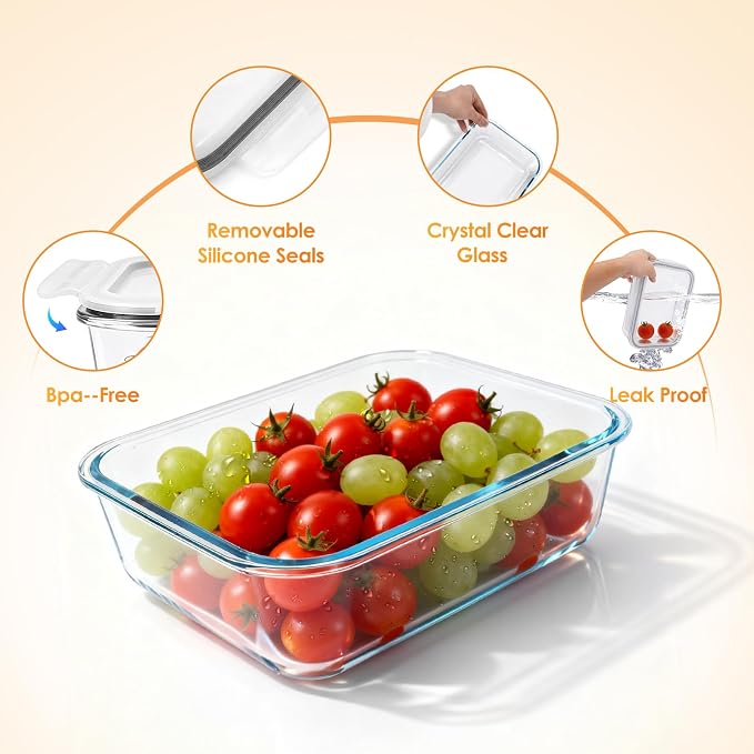 2 Pack 78oz/9.8 CUPS Large Glass Storage Containers with Lids | Meal Prep Food Container Set, Airtight Leakproof Snap Lids, For Family Meal Prep, Baking