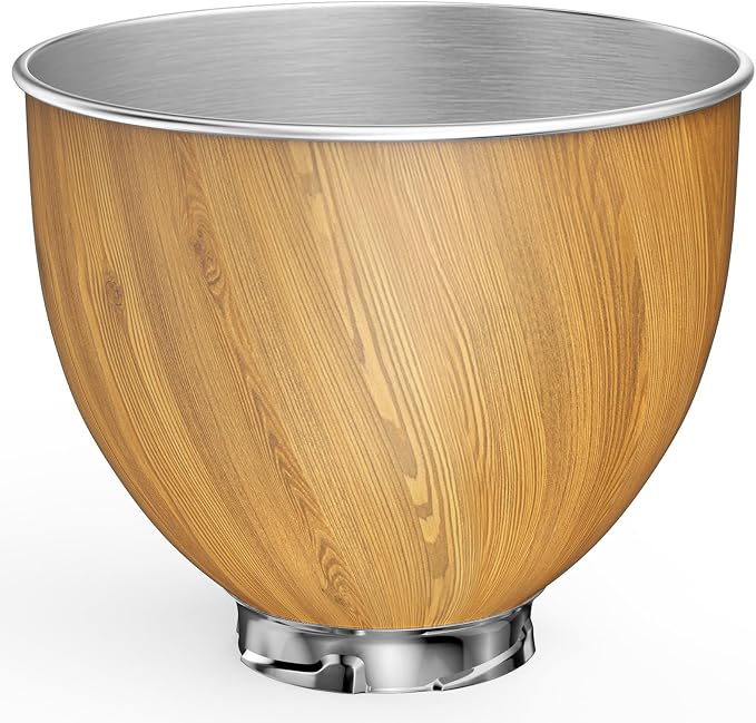 5QT Stainless Steel Mixer Bowl Compatible with Kitchen aid Stand Mixers Kitchenaid Replacement Bowl for 4.5-5 QT Tilt-Head Mixer with Handle, Wood Grain