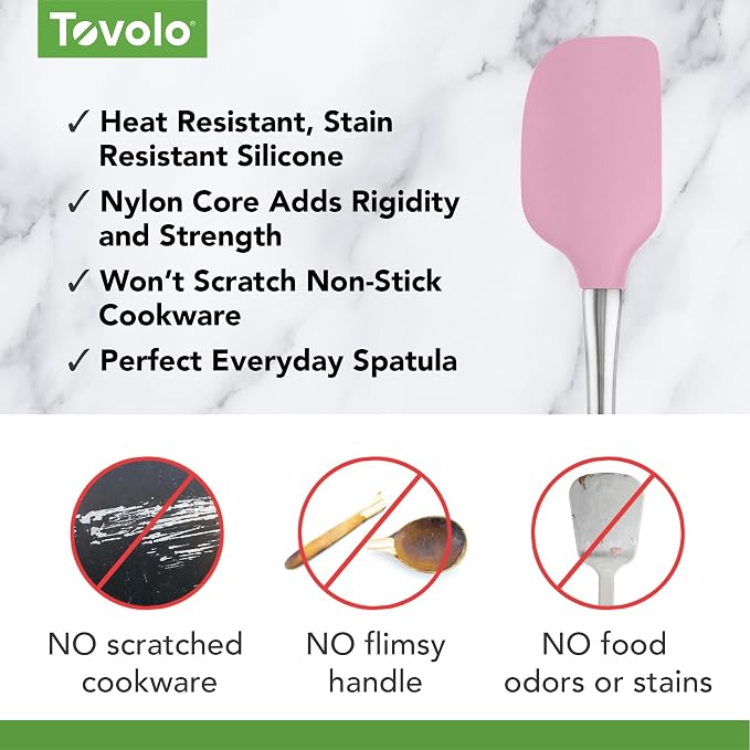 Tovolo Flex-Core Silicone Spatula Metal Handle for Scraping Bowls Mixing and Baking, Dishwasher Safe Heat Resistant Stainless Steel Silicone Spatula for Cast Iron and Nonstick Cookware, Pink Sorbet