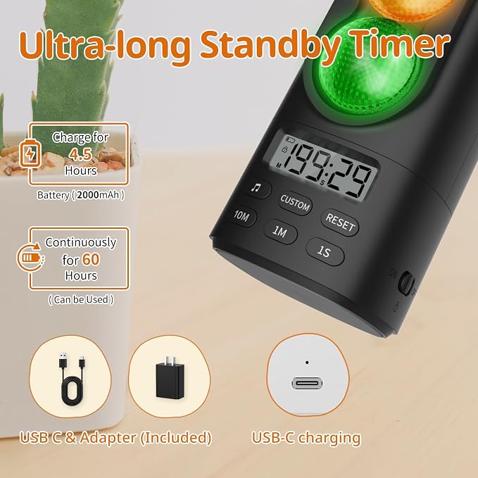Traffic Light Visual Timer&ADHD Tool for Kids Adults Display Volume Adjustment, with 4 Ringtones for Classroom Desk Home Kitchen Game Countdown Pause Memory Function Charger Type C Included