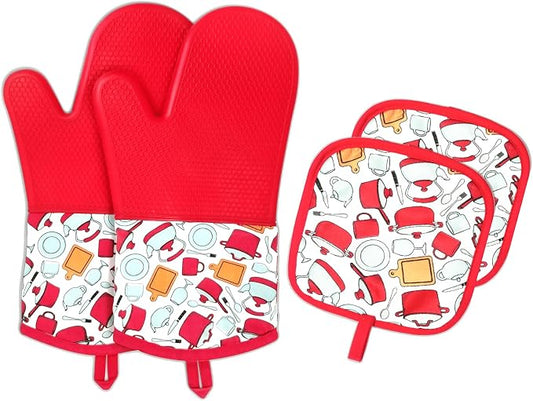 LYART Heat Resistant Silicone Oven Mitts and Hot Pads Set, Non-Slip with Cotton Lining, for Kitchen Baking Cooking BBQ (Red, 1pair Mitts + 1pair Pads)