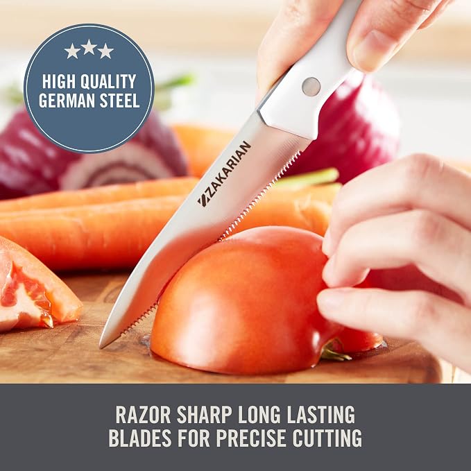 Zakarian by Dash 2 Piece Chef Grade German Steel Paring Knife Set with Smooth and Serrated Blades for Chopping, Dicing, Mincing, Slicing and More – White