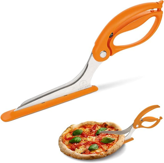Pizza Scissors - Non-Stick Pizza Scissors with Firm Grip Base - Food Grade Stainless Steel Pizza Cutter - 5-in-1 Food Slicer & Pizza Server - Durable, Safe & Mess Free - Orange