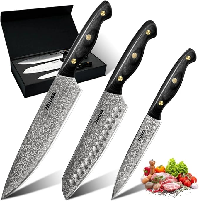 Huusk Damascus Chef Knife Set 3 PCS，VG10 Santoku Knives set，Damascus Kitchen Utility Knives set with Ebony Handle, Paring Knives Set for Meat Vegetable Fruit, Christmas Gift for Men and Women