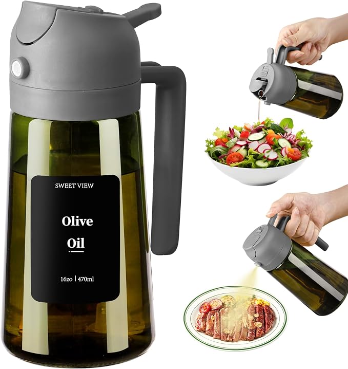 SWEET VIEW Olive Oil Dispenser and Oil Sprayer 16oz/470ml | Glass Light-Proof Oil Pourer for Kitchen Air Fryer, Cooking, Salad, and BBQ, with Stickers