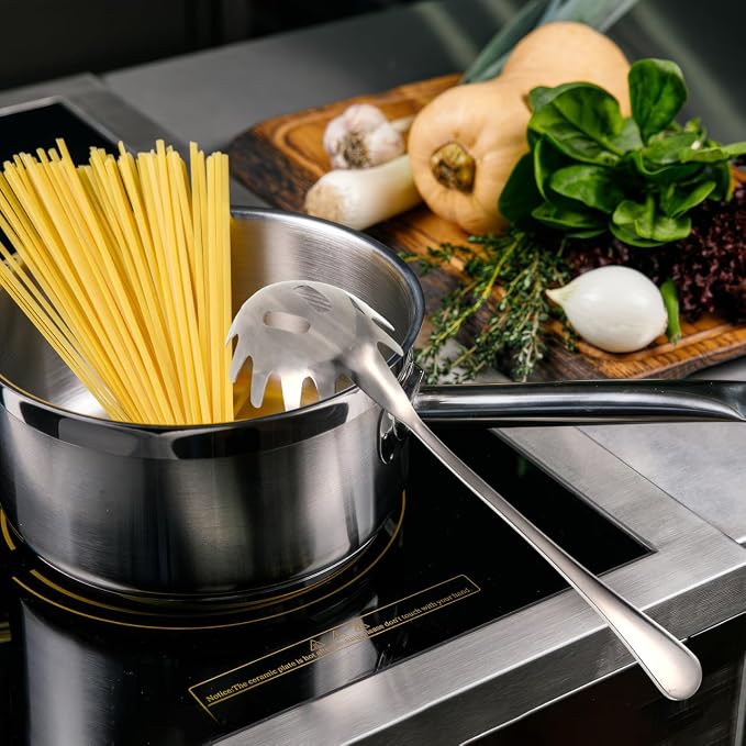 DOITOOL 2 Pcs Stainless Steel Spaghetti Spoon Server with Draining Holes and Teeth 9.44 Inch Pasta Fork for Easy Noodle Serving Comfortable Handle for Home Restaurant Use