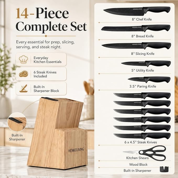 Knife Set, 14-Piece Starry Black Dishwasher Safe Kitchen Knife Block Set with Built-In Sharpener, German High Carbon Stainless Steel Blades, Ultra Sharp with Ergonomic Non-Slip Handles