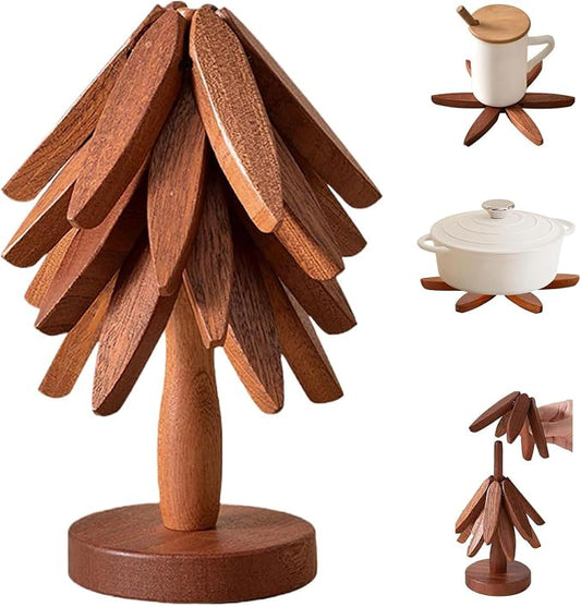 Premium Wooden Trivets Set of 4 - Auto Unfold Tree Design Hot Pot Holders & Countertop Protectors | Walnut Wood