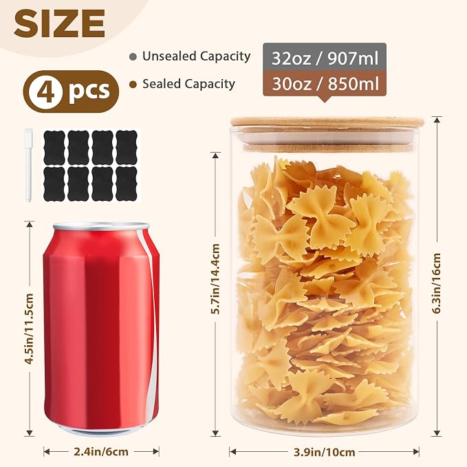 SHOWIN 32oz Glass Food Storage Jars, Glass Jars with Bamboo Lids, Kitchen Storage Jars, Canisters with Airtight Lids for Spice, Coffee, Cookie, Set of 4, Pantry Organizers