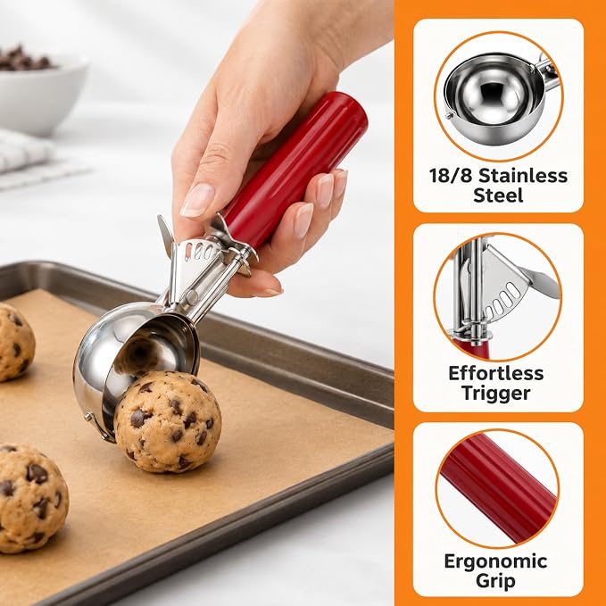 Cookie Scoop Set of 3, Ice Cream Scoop with Trigger Release & Anti-Freeze Grip, 18/8 Stainless Steel Cookie Scoops for Baking, Portion Scooper for Cookie Dough, Cupcake, Mashed Potatoes (S/M/L)