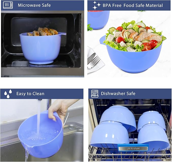 BoxedHome Mixing Bowls Set,BPA-Free Plastic,Anti-slip,4.5, 3.5,2.5.1.7Quart | Microwave and Dishwasher Safe,Nesting Bowls with Pour Spout for kitchen Baking,Salads,Meal Prep,RV,Camping