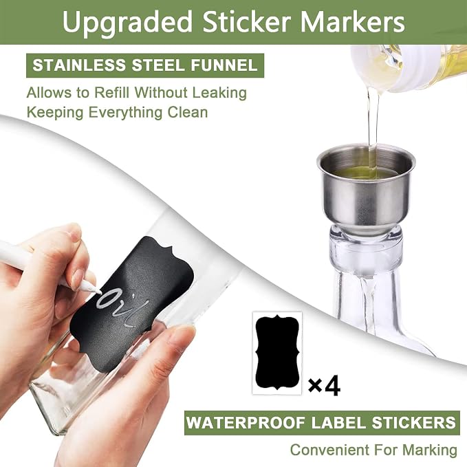 Leaflai Olive Oil Dispenser Bottle, 2 Pcs Glass Olive Oil Dispenser and Vinegar Dispenser Set with 2 Stainless Steel Pourers, 4 Labels,1 Brush and 1 Funnel Oil Bottles for Kitchen (500ml)