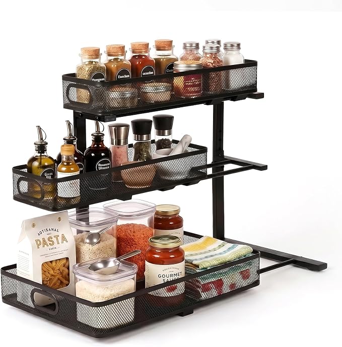 Under Sink Organizer,3-Tier Thickened Metal Pull out Cabinet OrganizerShelf | Height Adjustable Slide out Storage Drawer Rack for under sink organizer bathroom Kitchen,Laundry Room & Pantry