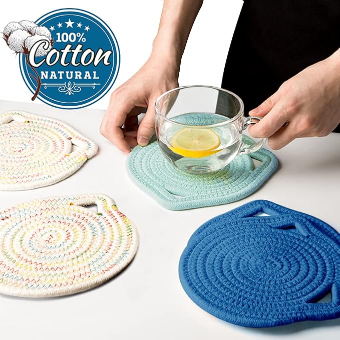 7" Pure Cotton Trivets Set with 0.35" Thick (3 Pcs, Blue) | Tightly Woven, Machine Washable, Heat Resistant, Cute Cat Kitchen Accessories for Hot Dishes Pots Pans, Decor, Gift